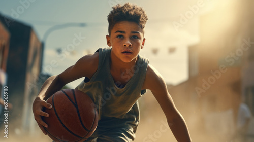 boy playing basketball generative ai © Francheska