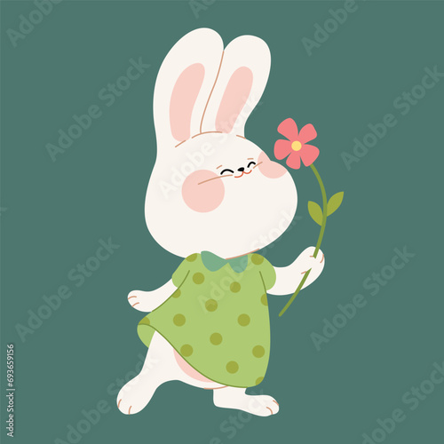 A cute white bunny girl holds a flower bouquet. Flat cartoon rabbit character for a Happy Valentine's Day, Easter, or Birthday greeting card, invitation, sticker, or banner. Vector illustration.
