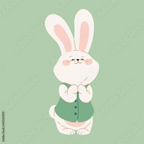 A cute happy excited bunny girl. Flat cartoon rabbit character for a Happy Valentine's Day, Easter, or Birthday greeting card, invitation, sticker, or banner. Vector illustration.
