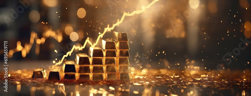 Gold bars in a pyramid arrangement catch fire, surging prices in a volatile market. Rising gold prices, concept of inflation. photo