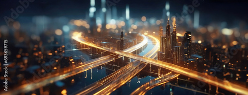 Fényképezés Cyber Metropolis: Glowing highways weave through a neon-lit skyline