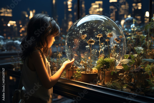 Little long haired girl looks with interest at a small plant seedlings growing in glass, artificial ecosystem, night city