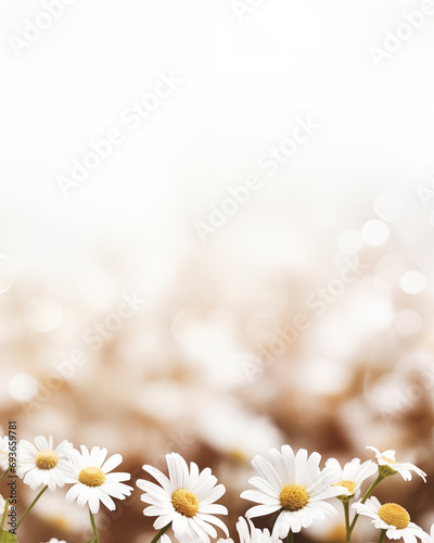 Daisy field with a warm, sunlit bokeh background. Spring themed backdrop woth copy space for text. Design for woman's day and mother's day