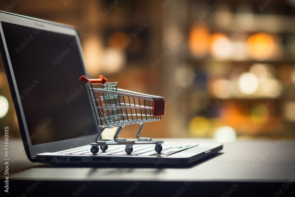 Mini shopping cart on laptop keyboard symbolizing online shopping. E-commerce and digital purchase.