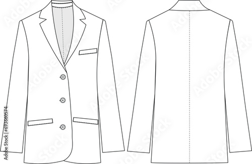 buttoned welt pocket blazer woman jacket template technical drawing flat sketch cad mockup fashion design style model photo