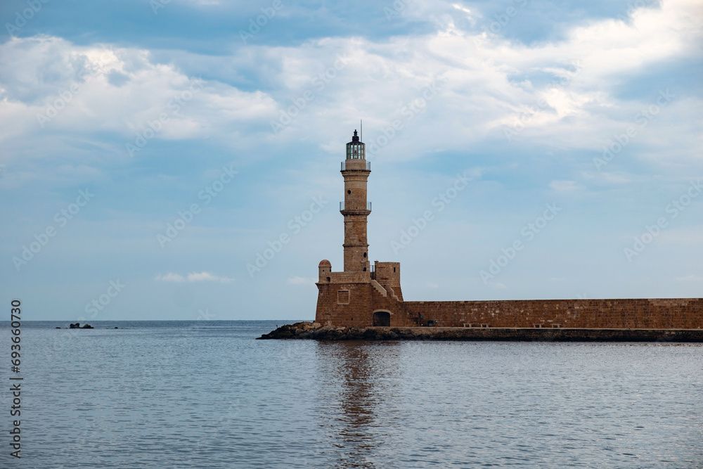 Crete Greece. Lighthouse, beacon at Venetian harbour in Old Town of Chania