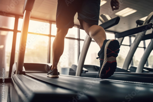 The focus is on the legs of a person running on a treadmill in a sunlit gym, capturing the energy and determination of a fitness routine.