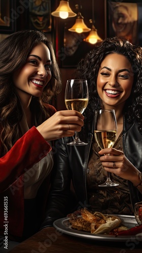 Two happy women toasting and celebrating at night in a bar