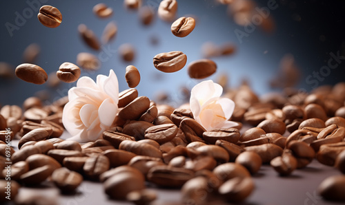 Closeup shot of fresh coffee beans on blurry spring background. Falling beans, pink sakura petals, almond flowers. Banner for cafe. Copy space 