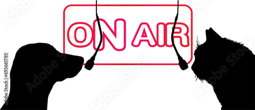 Silhouettes of a dog and cat facing each other in front of boom microphones with a neon air sign behind them
