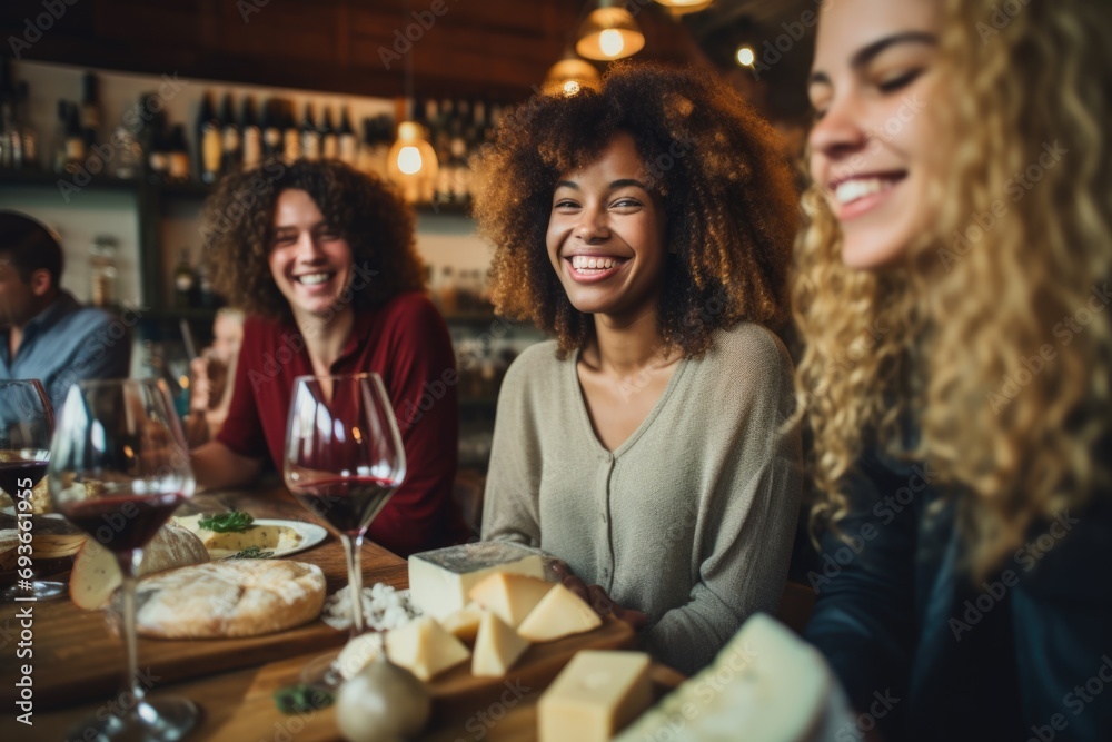 Smiling young and diverse young people sitting in restaurant