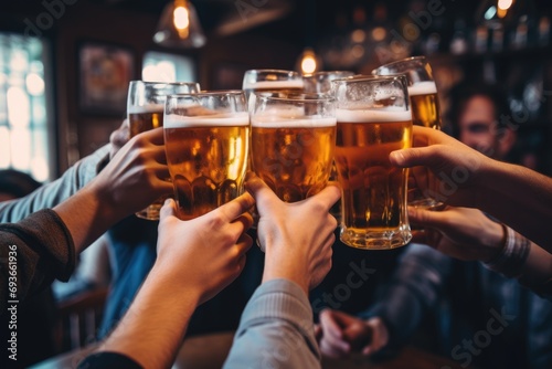 Hands toasting with beer in pub or bar