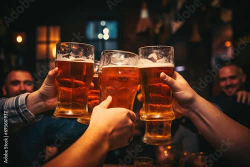 Hands toasting with beer in pub or bar