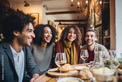 Smiling young and diverse young people sitting in restaurant