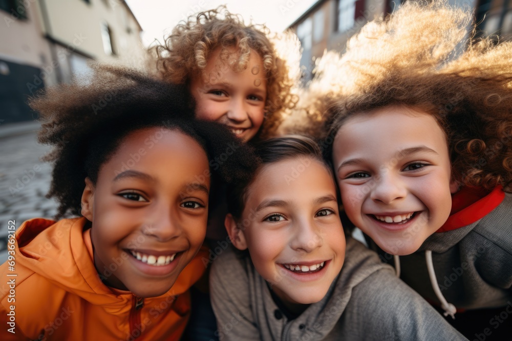 Portrait of diverse children taking selfie outside