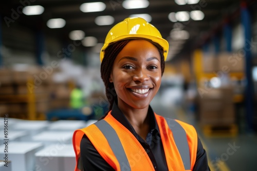 Portrait of a young smiling woman working in factory