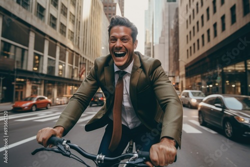 Young businessman riding a bicycle in the city street photo