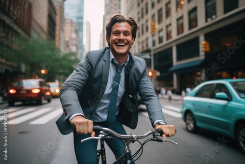 Young businessman riding a bicycle in the city street