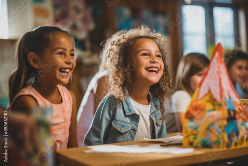 Portrait of little children doing art project in school