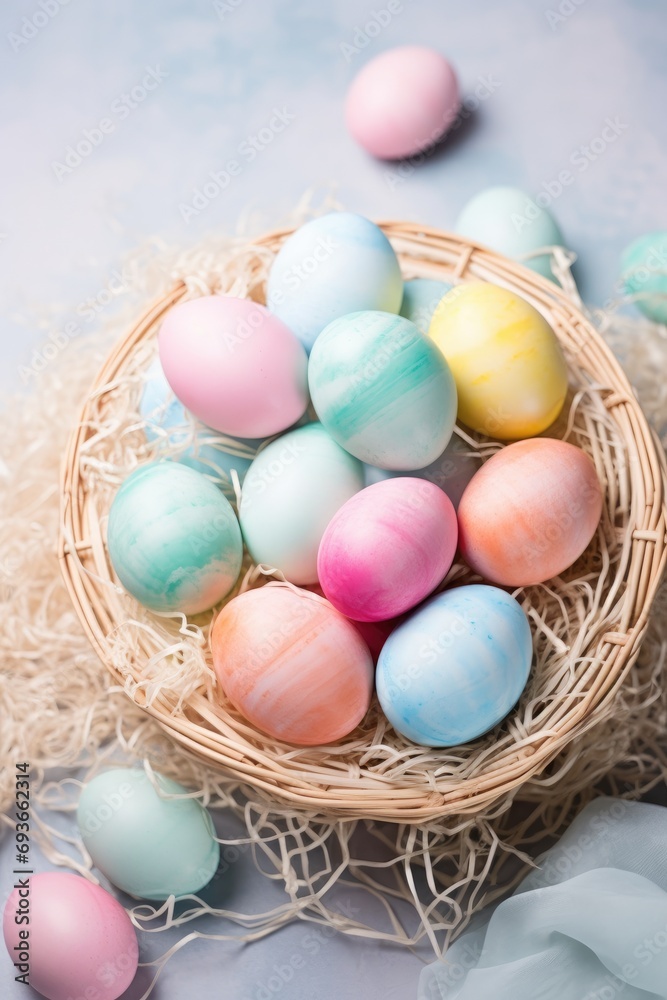 Pastel colors easter eggs in the woven basket