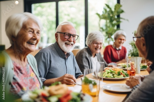 Group of Happy Senior Friends Enjoying Meal Together