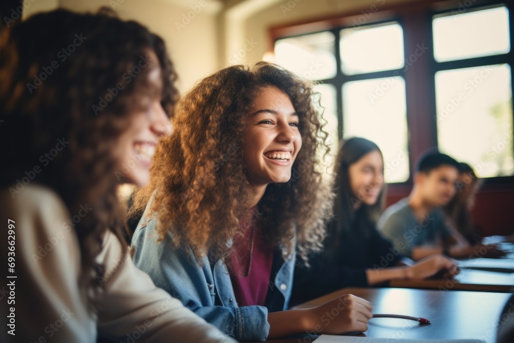 Happy diverse high school students talking in class Happy diverse high school students talking in class