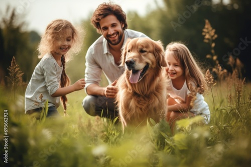 Portrait of young family with pet dog in the park