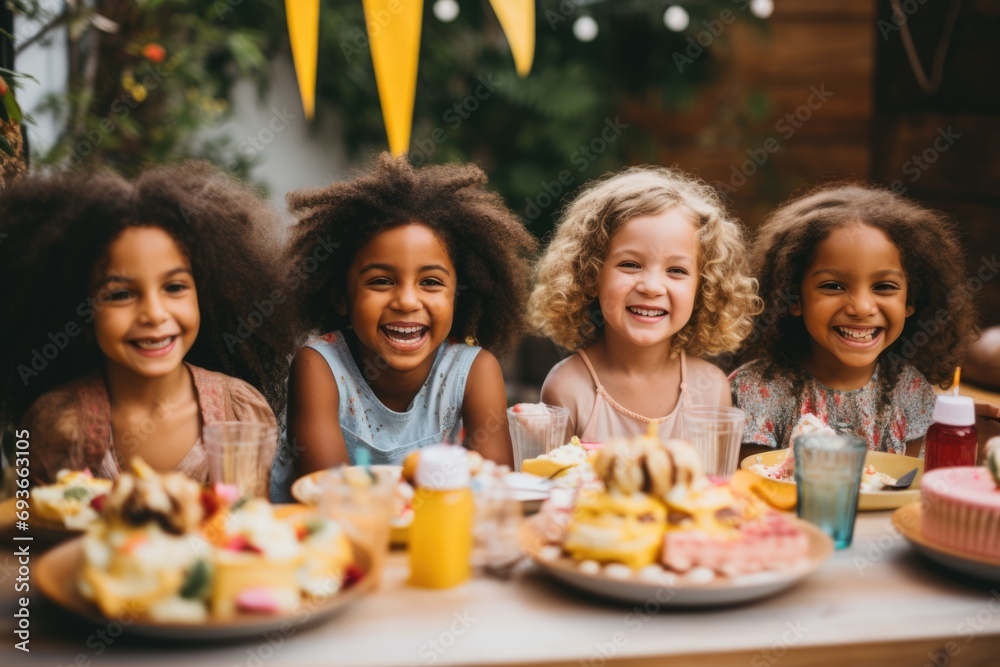 Small diverse children celebrating birthday in home backyard