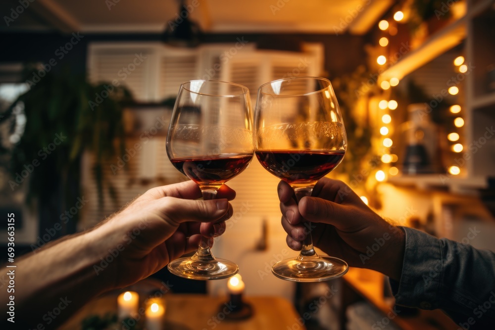Hands toasting with wine in cozy home interior Hands toasting with wine in cozy home interior