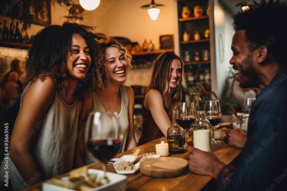 Smiling young and diverse young people sitting in restaurant