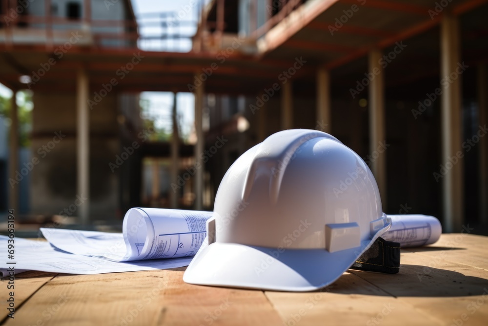 Construction Plans and Safety Helmet at a Building Site Construction Plans and Safety Helmet at a Building Site