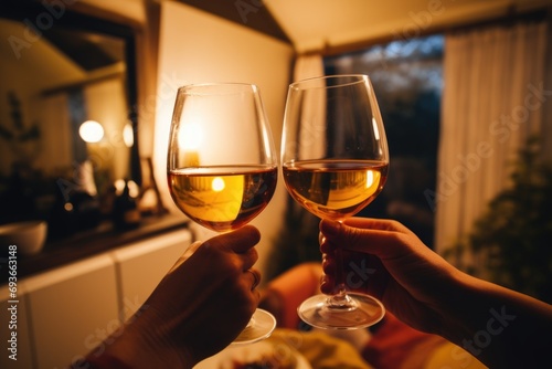 Hands toasting with wine in cozy home interior