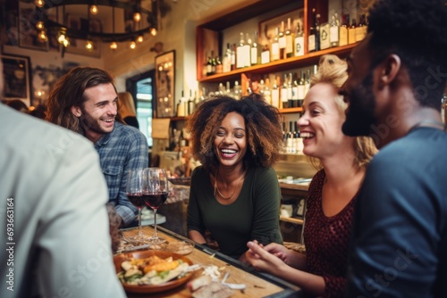 Smiling young and diverse young people sitting in restaurant photo