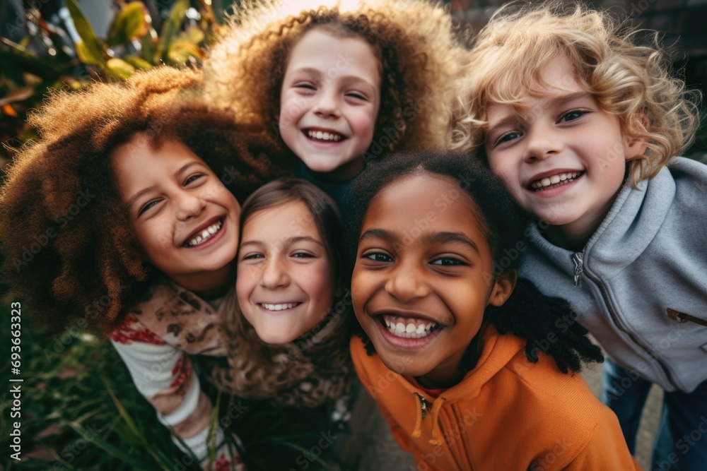 Portrait of diverse children taking selfie outside