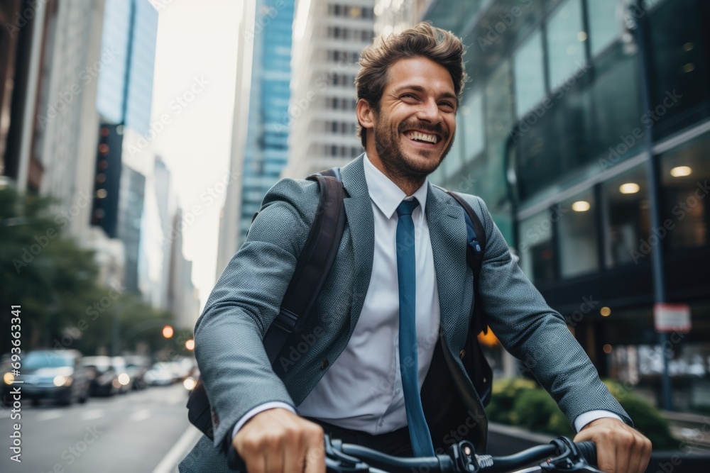 Young businessman riding a bicycle in the city street Young businessman riding a bicycle in the city street