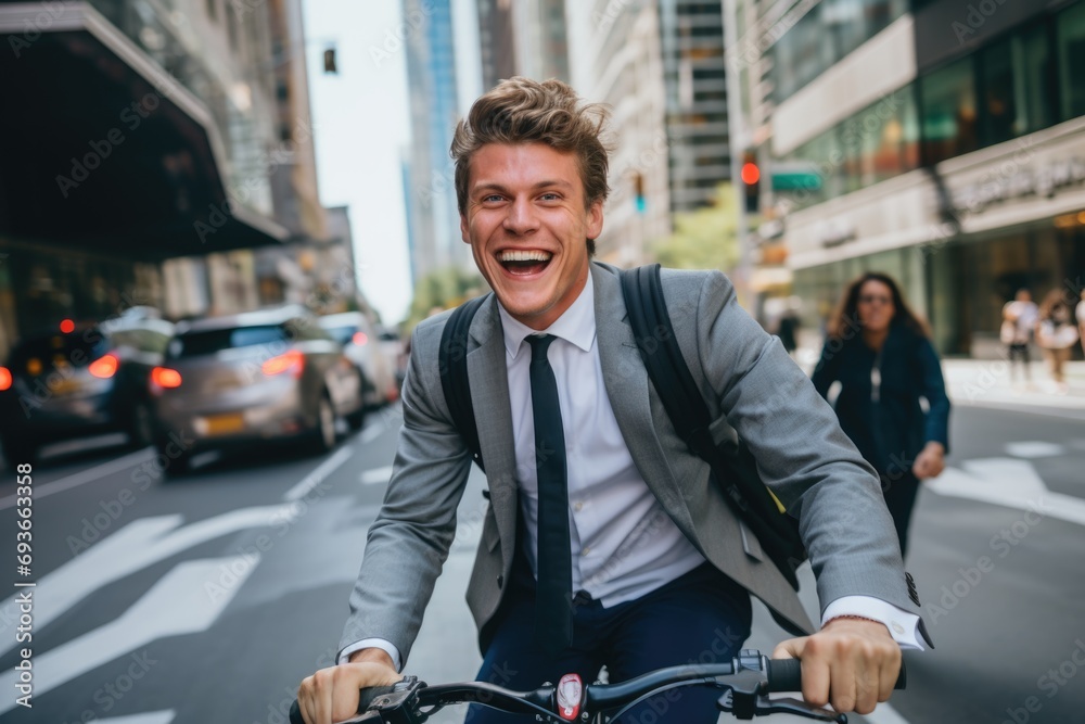 Young businessman riding a bicycle in the city street Young businessman riding a bicycle in the city street