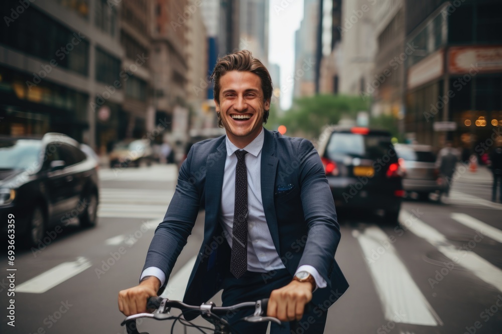 Young businessman riding a bicycle in the city street Young businessman riding a bicycle in the city street