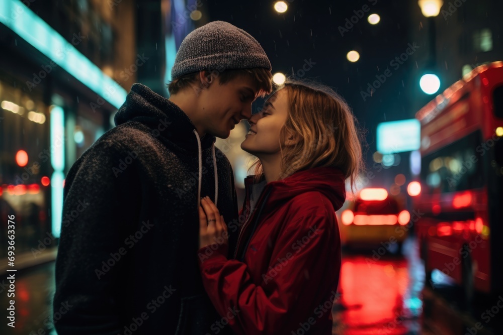 Young couple embracing on city street at night