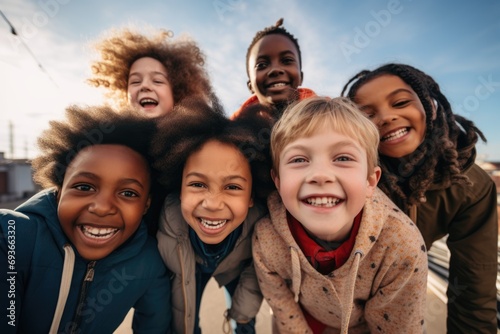 Portrait of diverse children taking selfie outside
