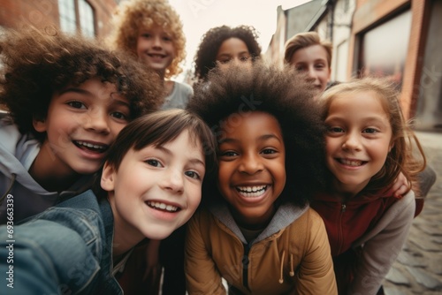 Portrait of diverse children taking selfie outside