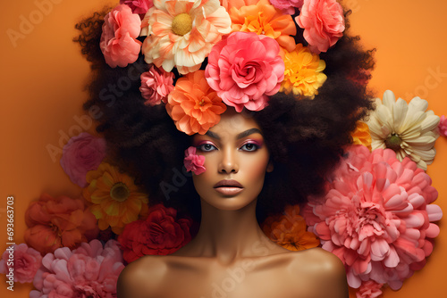 African Woman with head covered with flowers. Mental health, psychological treatment concept. 