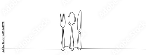 Continuous one line drawing. restaurant logo. knife, fork and spoon. Drawing by hand on a sign or business cards in a cafe. Black and white vector illustration.