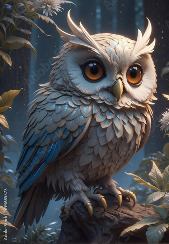 a magnificent owl dressed up with jewels, bulged its round eyes