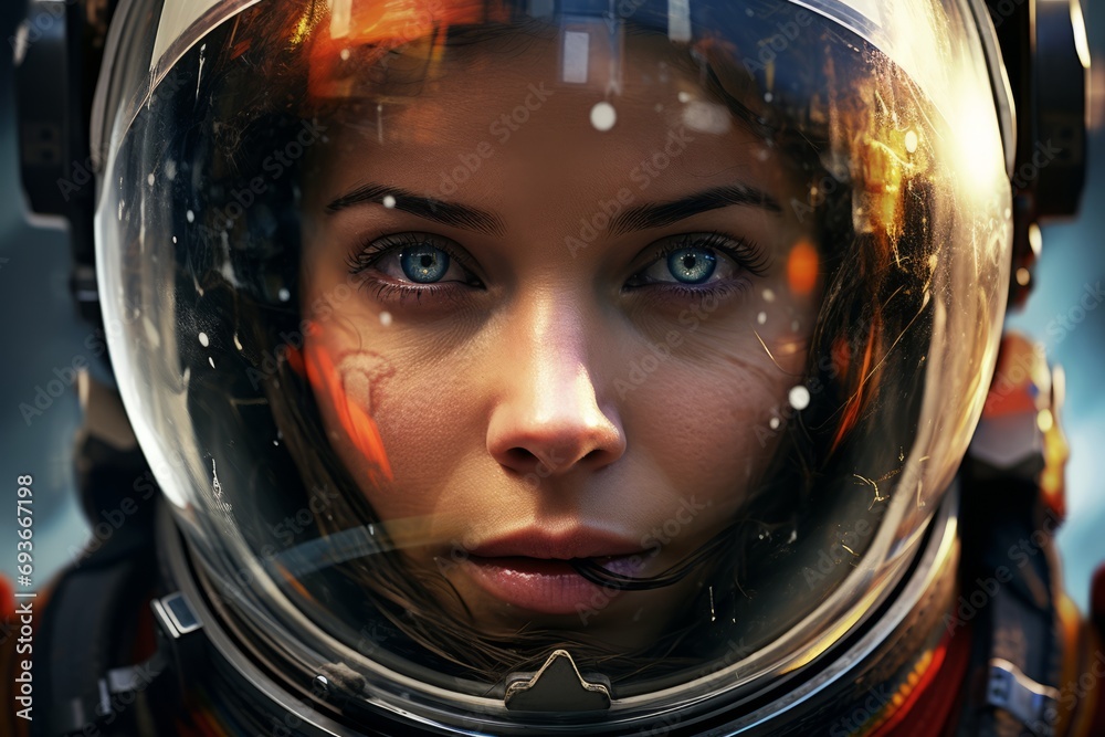 Female astronaut in a helmet close-up before a flight into space, thoughtful smart face of a brave woman, space exploration