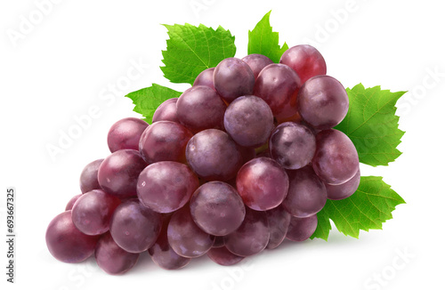 Isolated grapes bunch. Red grapes with leaves isolated on white background with clipping path.