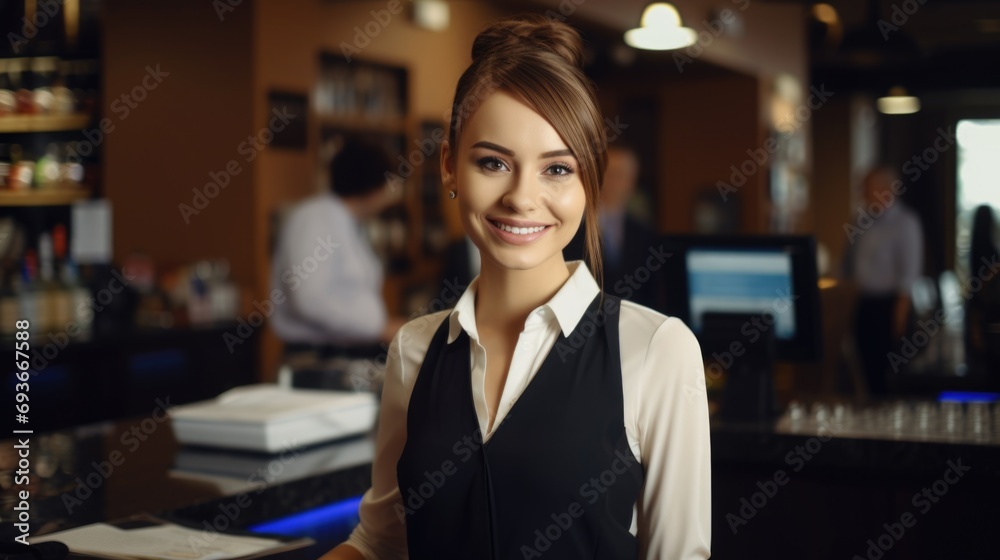 Smiling, young and attractive saleswoman, cashier serving customers. generativ. Smiling, young and attractive saleswoman, cashier serving customers. generativ.