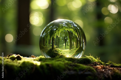 Earth Day. Green Globe in Mossy Forest with Soft Sunlight and Serene Environment