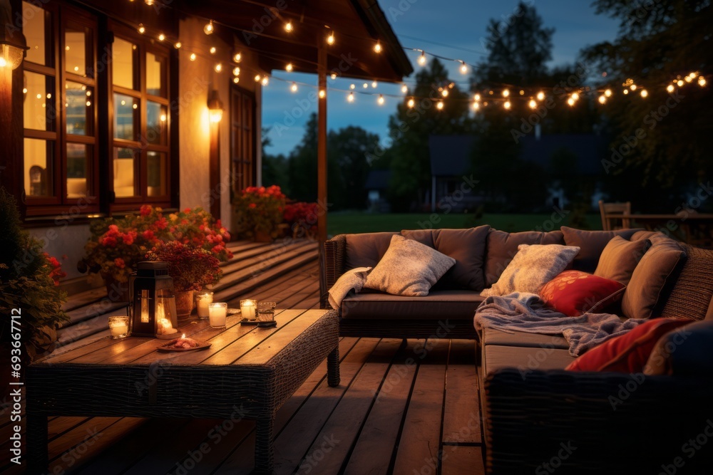 Cozy warm evening after work on your outside terrace overlooking the garden, terrace with a comfortable sofa and lights and table lamps