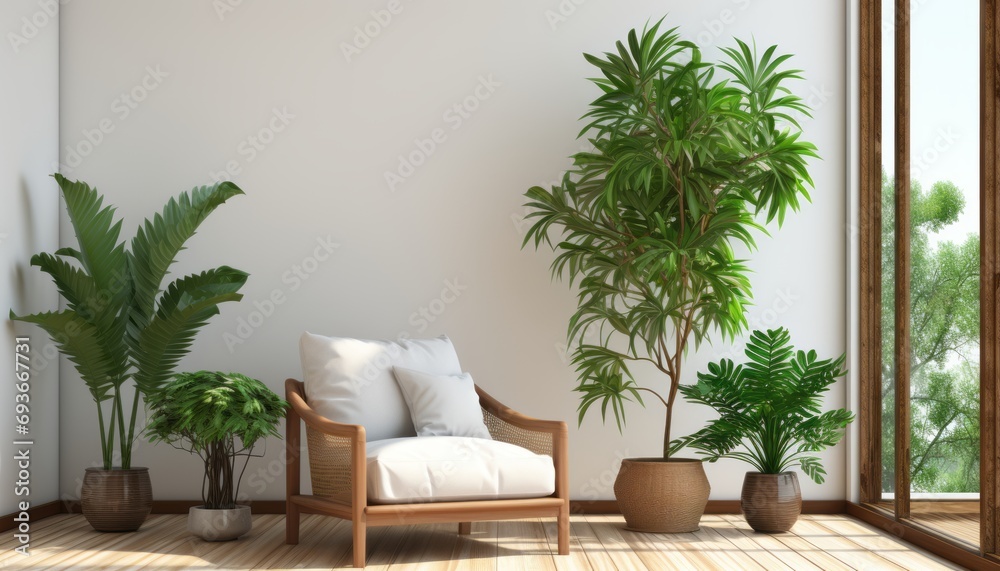 Fototapeta premium Minimalist interior with armchair and empty canvas on white concrete wall background 3d mockup