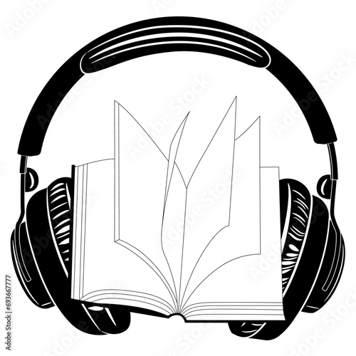 Open book between headphones. Audiobook design. Listen to wisdom and words. Digital library. Creative concept. Black and white silhouette.